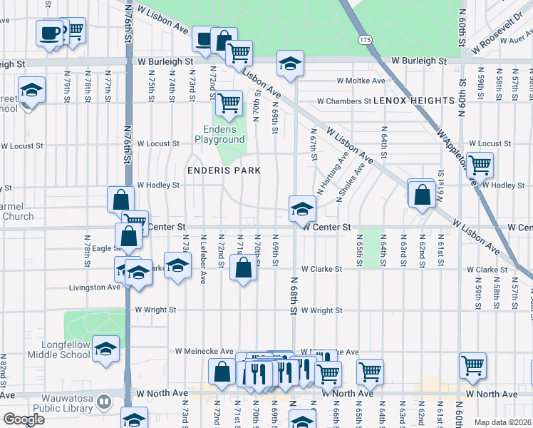 map of restaurants, bars, coffee shops, grocery stores, and more near 6915 West Center Street in Wauwatosa