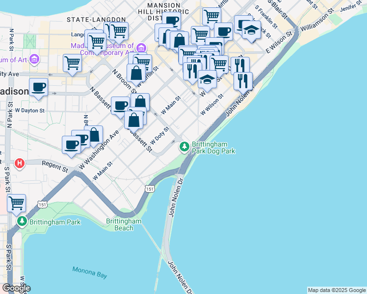 map of restaurants, bars, coffee shops, grocery stores, and more near 79 John Nolen Drive in Madison