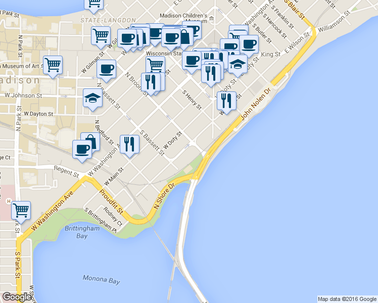 map of restaurants, bars, coffee shops, grocery stores, and more near 427 West Wilson Street in Madison