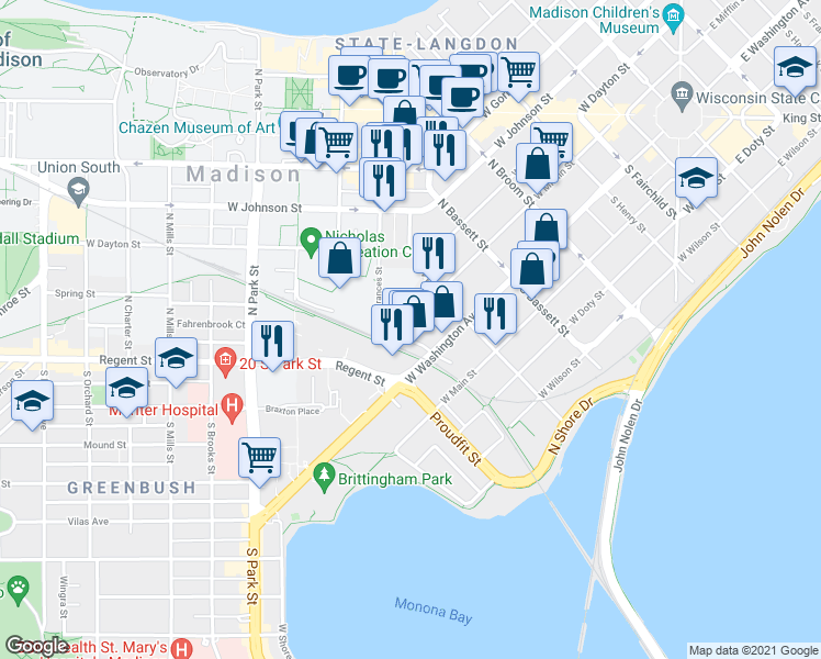 map of restaurants, bars, coffee shops, grocery stores, and more near in Madison