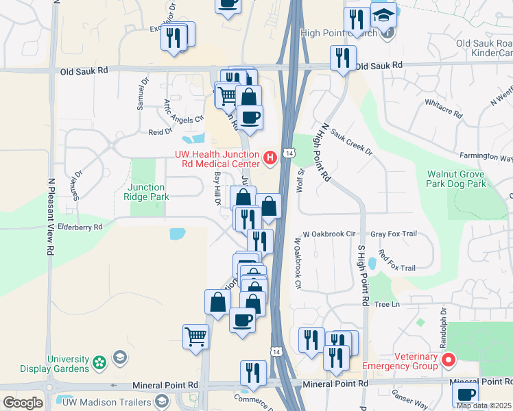 map of restaurants, bars, coffee shops, grocery stores, and more near 376 Junction Road in Madison