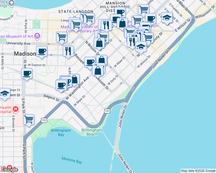 map of restaurants, bars, coffee shops, grocery stores, and more near 201 South Bassett Street in Madison