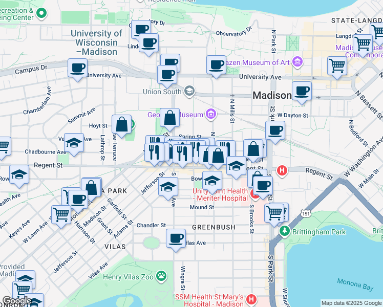 map of restaurants, bars, coffee shops, grocery stores, and more near 20 North Orchard Street in Madison