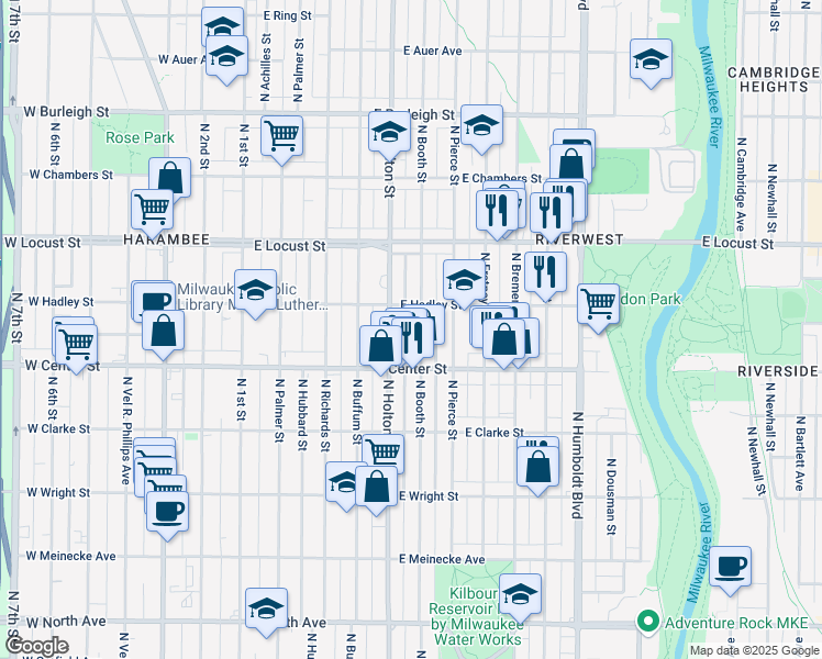 map of restaurants, bars, coffee shops, grocery stores, and more near 2723 North Booth Street in Milwaukee