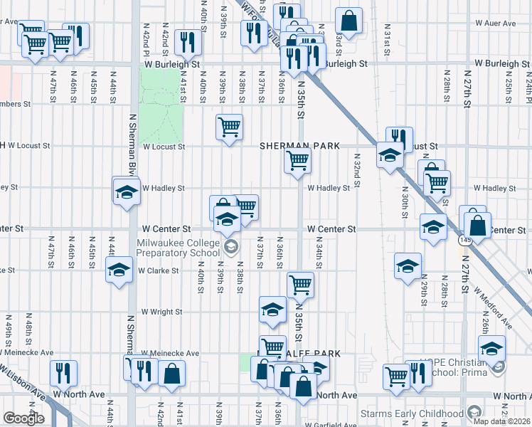 map of restaurants, bars, coffee shops, grocery stores, and more near in Milwaukee