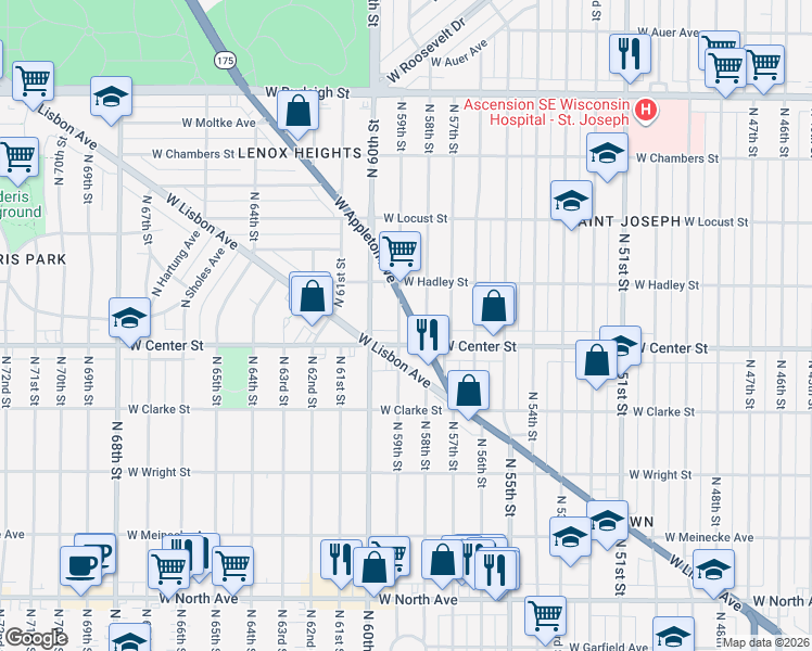 map of restaurants, bars, coffee shops, grocery stores, and more near 5724 West Center Street in Milwaukee