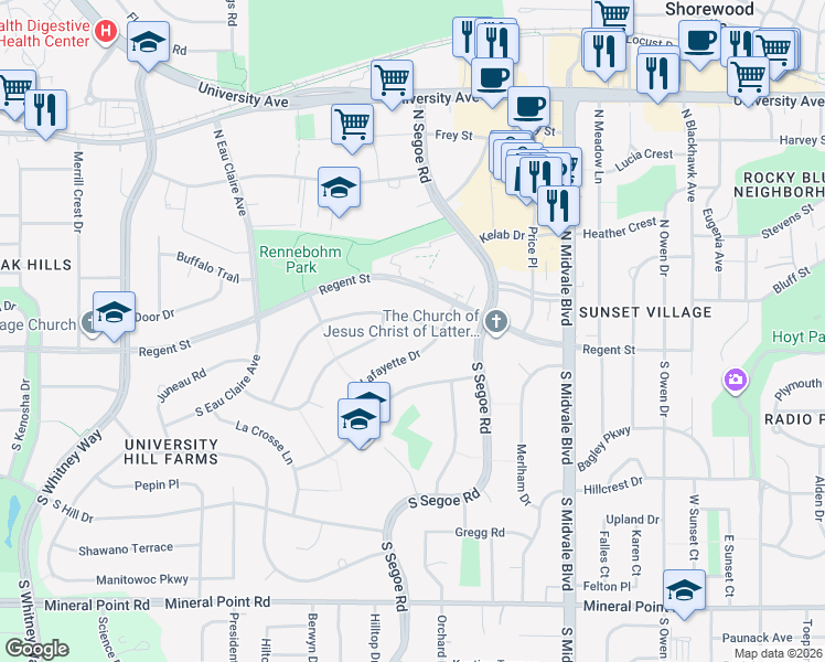 map of restaurants, bars, coffee shops, grocery stores, and more near 4718 Lafayette Drive in Madison