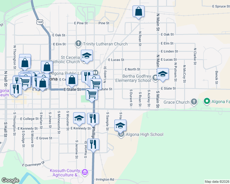map of restaurants, bars, coffee shops, grocery stores, and more near 101-199 South Heckart Street in Algona