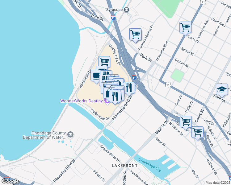 map of restaurants, bars, coffee shops, grocery stores, and more near 306 Hiawatha Boulevard West in Syracuse