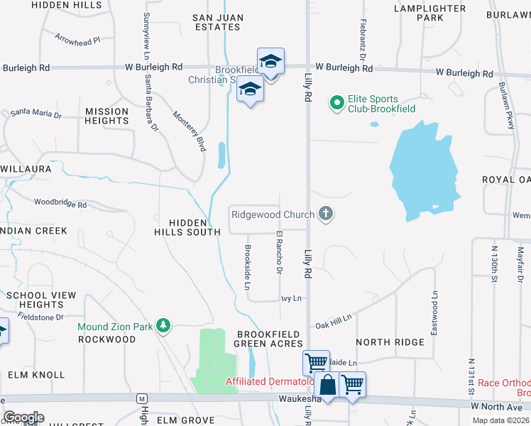 map of restaurants, bars, coffee shops, grocery stores, and more near 14220 Ridgewood Road in Brookfield