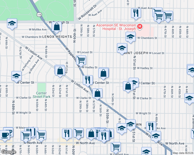 map of restaurants, bars, coffee shops, grocery stores, and more near 5622 West Center Street in Milwaukee