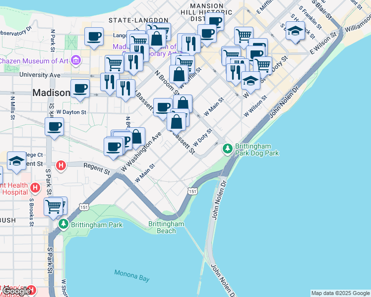 map of restaurants, bars, coffee shops, grocery stores, and more near 120 South Bassett Street in Madison