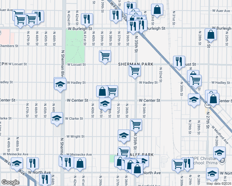 map of restaurants, bars, coffee shops, grocery stores, and more near in Milwaukee