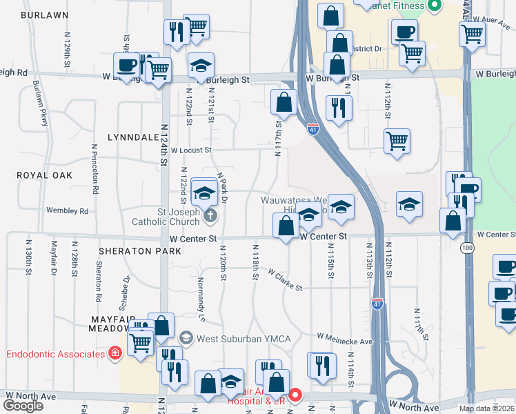 map of restaurants, bars, coffee shops, grocery stores, and more near 2720 North 117th Place in Wauwatosa