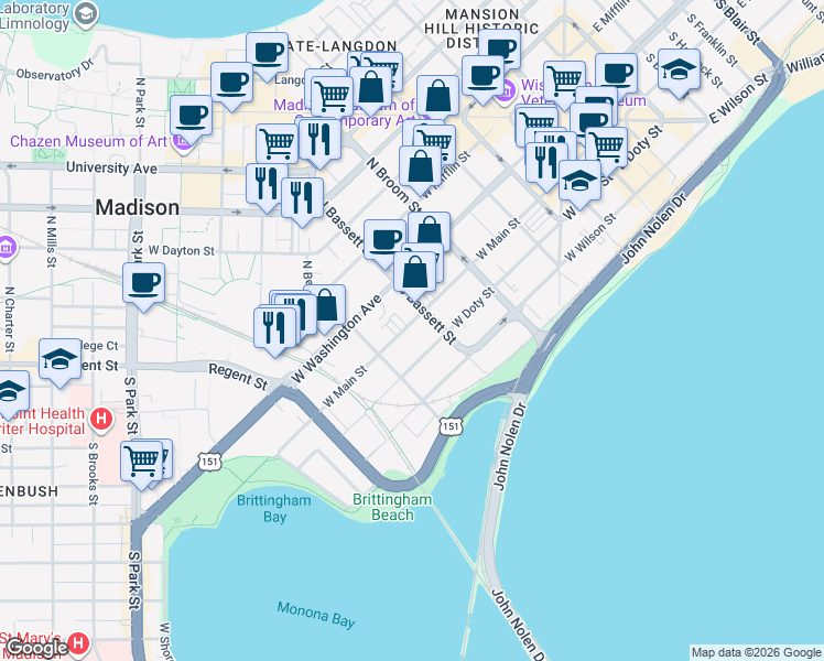 map of restaurants, bars, coffee shops, grocery stores, and more near 524 West Doty Street in Madison