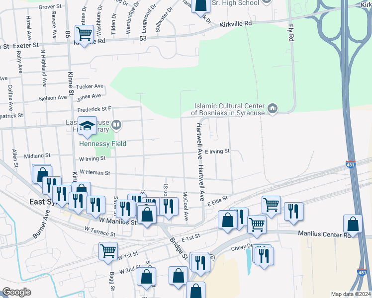 map of restaurants, bars, coffee shops, grocery stores, and more near 500 McCool Avenue in East Syracuse