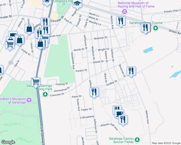 map of restaurants, bars, coffee shops, grocery stores, and more near 112 Crescent Street in Saratoga Springs