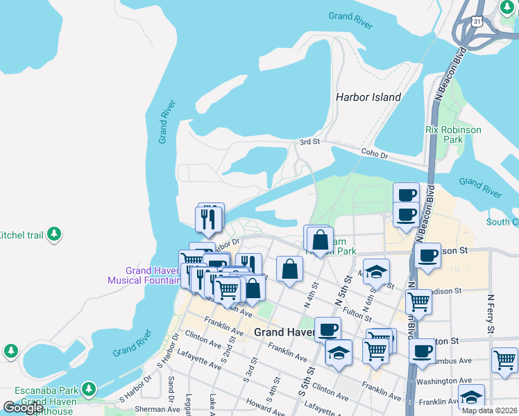 map of restaurants, bars, coffee shops, grocery stores, and more near 301 North Harbor Drive in Grand Haven