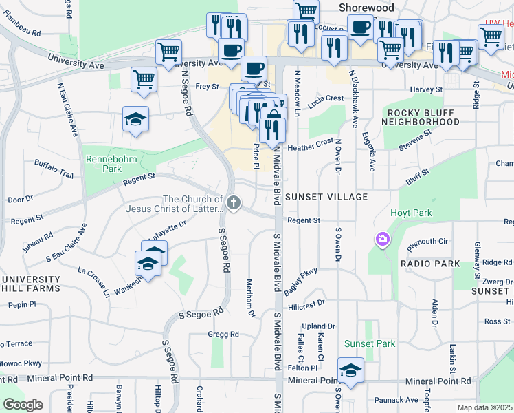 map of restaurants, bars, coffee shops, grocery stores, and more near 18 Merlham Drive in Madison