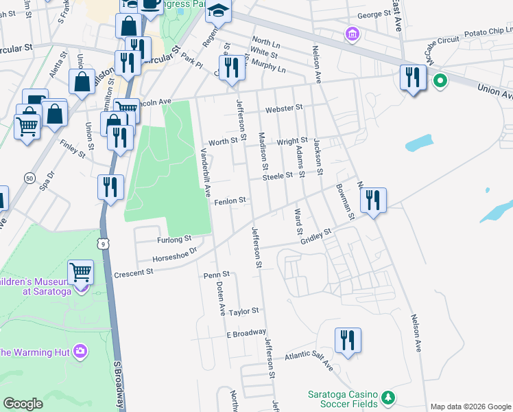 map of restaurants, bars, coffee shops, grocery stores, and more near 112 Crescent Street in Saratoga Springs