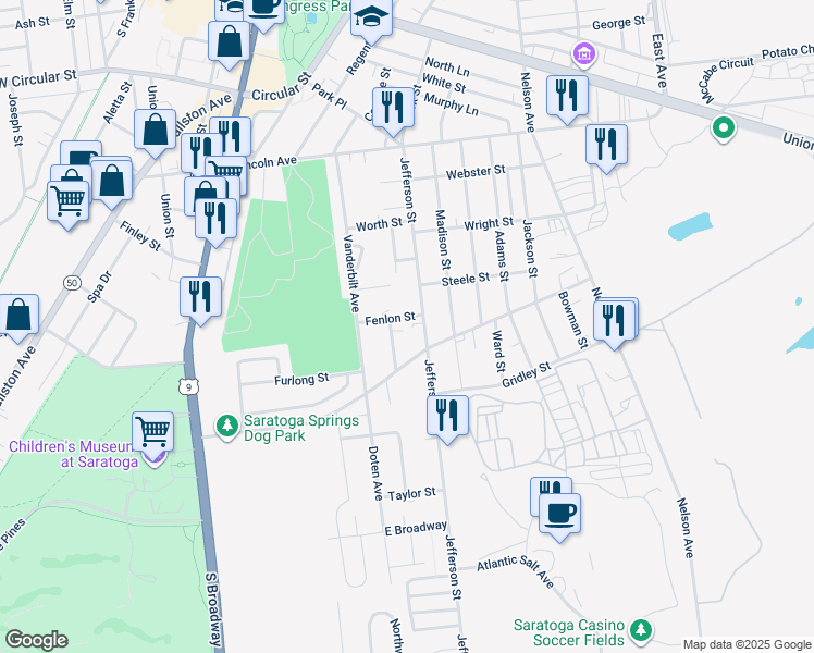 map of restaurants, bars, coffee shops, grocery stores, and more near 93 Crescent Street in Saratoga Springs
