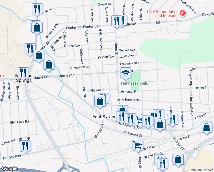 map of restaurants, bars, coffee shops, grocery stores, and more near 215 East Avenue in East Syracuse