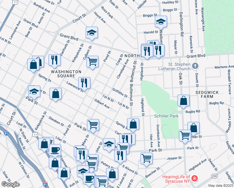 map of restaurants, bars, coffee shops, grocery stores, and more near 301 1st North Street in Syracuse