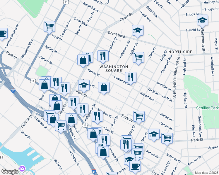 map of restaurants, bars, coffee shops, grocery stores, and more near 637 Carbon Street in Syracuse