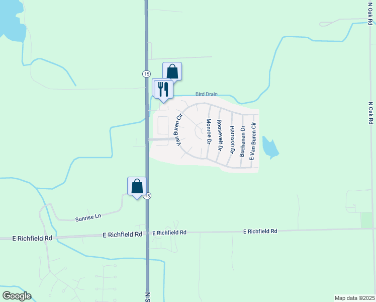map of restaurants, bars, coffee shops, grocery stores, and more near 323 Van Buren Circle in Davison
