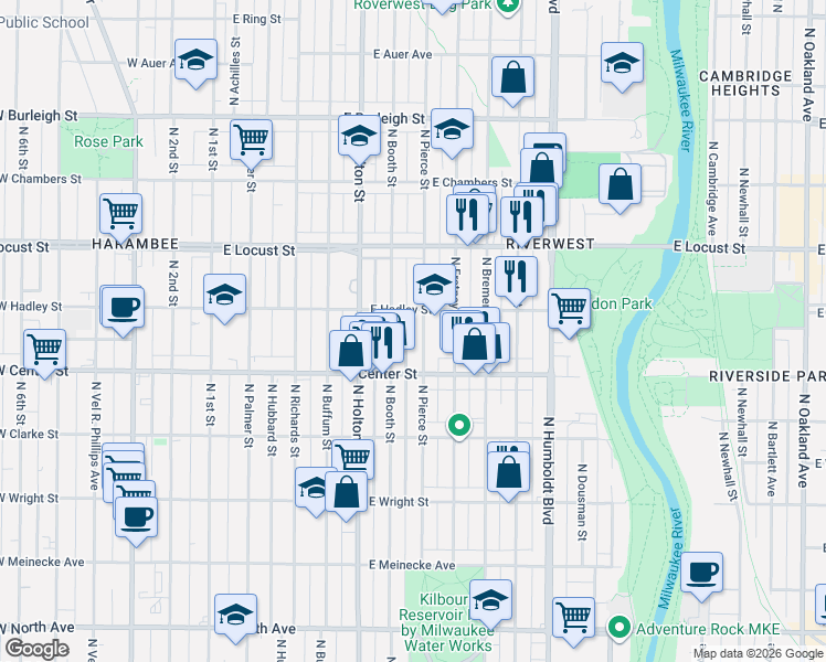 map of restaurants, bars, coffee shops, grocery stores, and more near 2721 North Pierce Street in Milwaukee