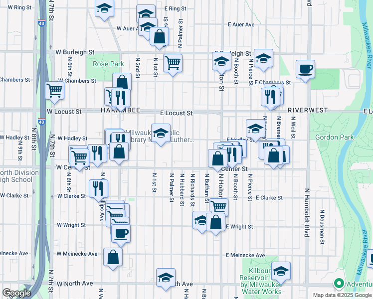 map of restaurants, bars, coffee shops, grocery stores, and more near 2718-2720 North Palmer Street in Milwaukee
