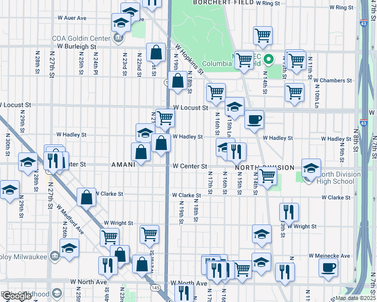 map of restaurants, bars, coffee shops, grocery stores, and more near 1806 West Center Street in Milwaukee