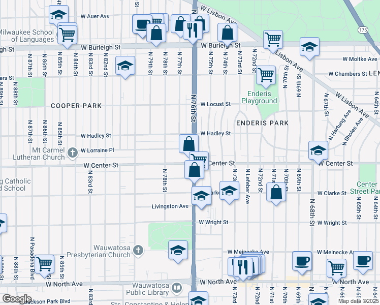 map of restaurants, bars, coffee shops, grocery stores, and more near 7623 West Center Street in Milwaukee