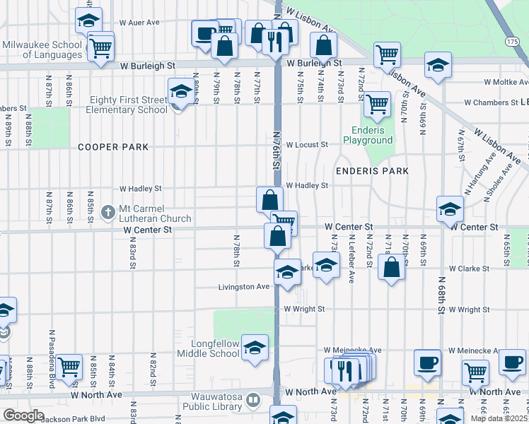 map of restaurants, bars, coffee shops, grocery stores, and more near 7623 West Center Street in Milwaukee