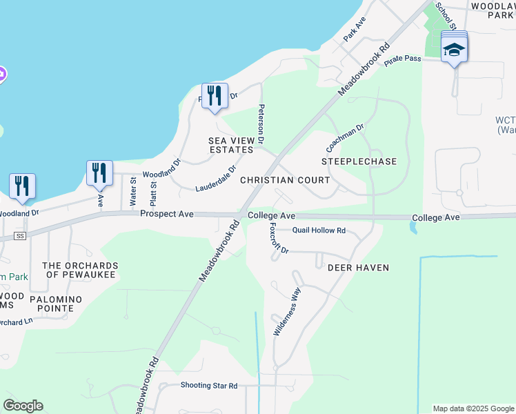 map of restaurants, bars, coffee shops, grocery stores, and more near N26W26499 Foxcroft Drive in Pewaukee