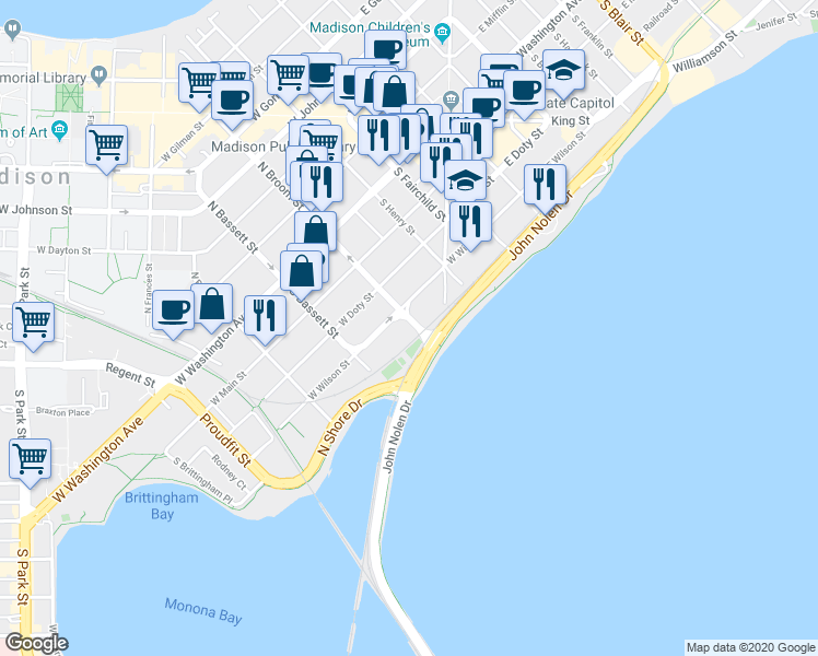 map of restaurants, bars, coffee shops, grocery stores, and more near 79 John Nolen Drive in Madison