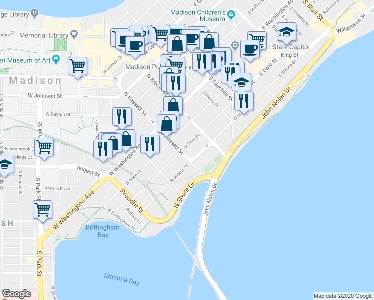 map of restaurants, bars, coffee shops, grocery stores, and more near in Madison