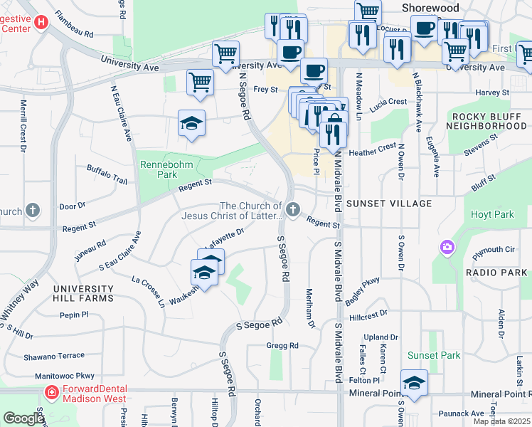 map of restaurants, bars, coffee shops, grocery stores, and more near 14 South Segoe Road in Madison
