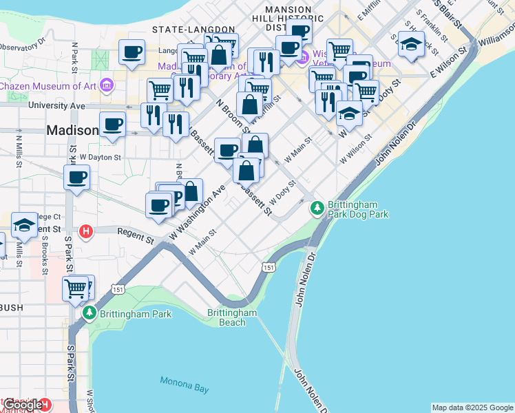 map of restaurants, bars, coffee shops, grocery stores, and more near 114 South Bassett Street in Madison