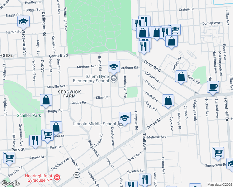 map of restaurants, bars, coffee shops, grocery stores, and more near 131 Wheaton Road in Syracuse