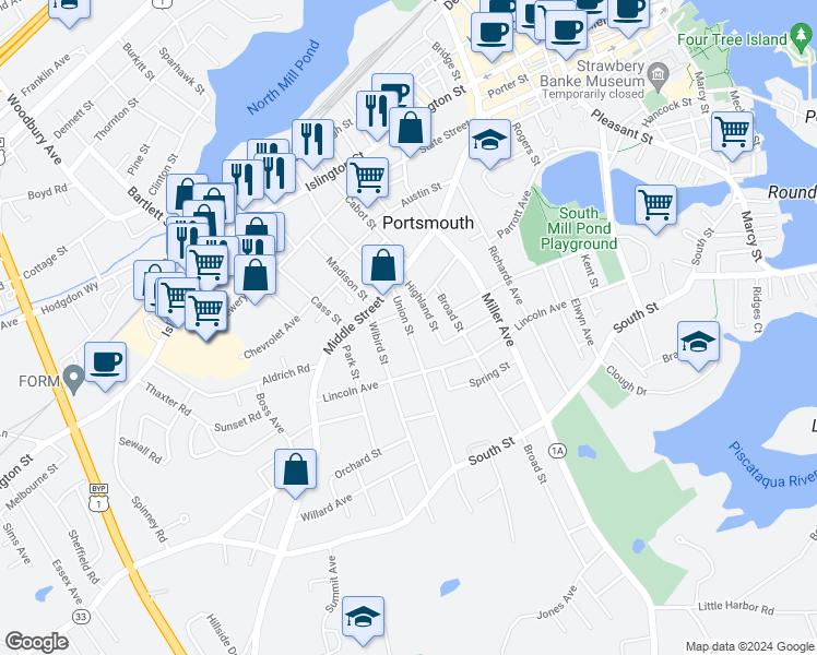 map of restaurants, bars, coffee shops, grocery stores, and more near 373 Union Street in Portsmouth