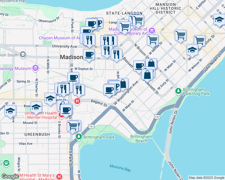 map of restaurants, bars, coffee shops, grocery stores, and more near 699 West Mifflin Street in Madison