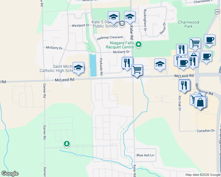 map of restaurants, bars, coffee shops, grocery stores, and more near 7376 Marvel Drive in Niagara Falls
