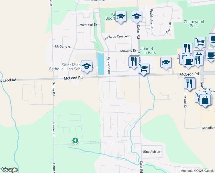 map of restaurants, bars, coffee shops, grocery stores, and more near 7279 Parkside Road in Niagara Falls