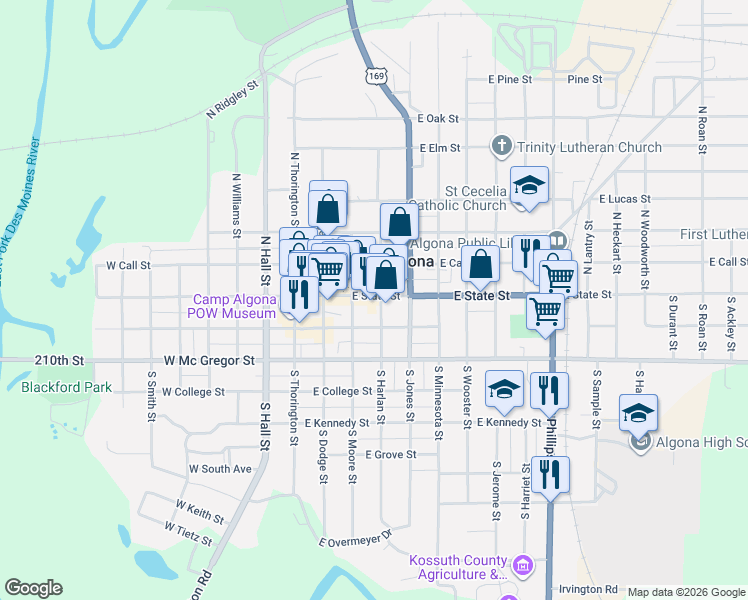 map of restaurants, bars, coffee shops, grocery stores, and more near 299 East Nebraska Street in Algona