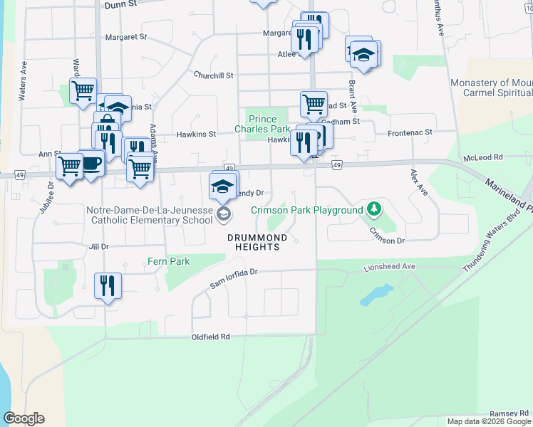 map of restaurants, bars, coffee shops, grocery stores, and more near 7610 Wilson Crescent in Niagara Falls