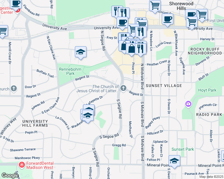 map of restaurants, bars, coffee shops, grocery stores, and more near 14 South Segoe Road in Madison