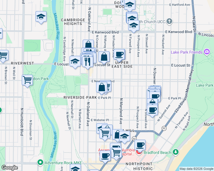 map of restaurants, bars, coffee shops, grocery stores, and more near 2724 North Murray Avenue in Milwaukee