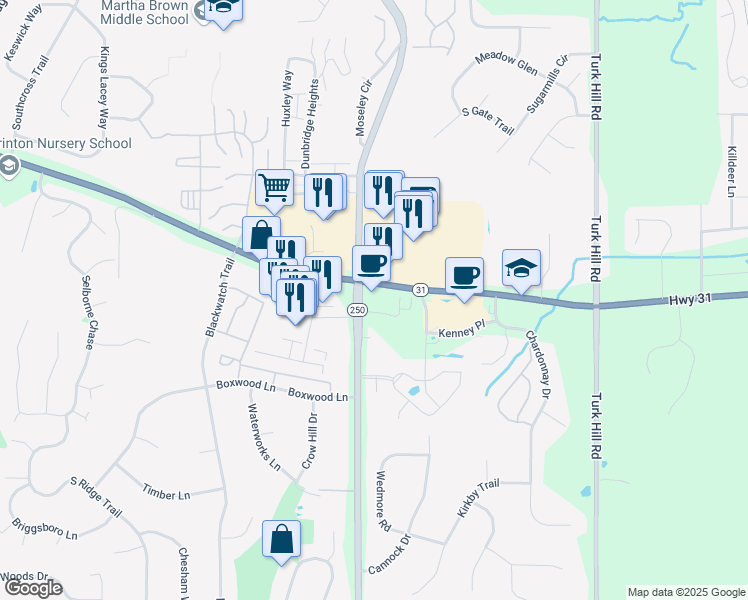 map of restaurants, bars, coffee shops, grocery stores, and more near 650 Moseley Road in Fairport
