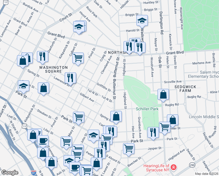 map of restaurants, bars, coffee shops, grocery stores, and more near 120 1st North Street in Syracuse